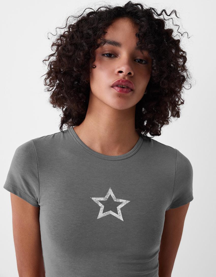 Desenli kısa kollu t-shirt-Gri-2