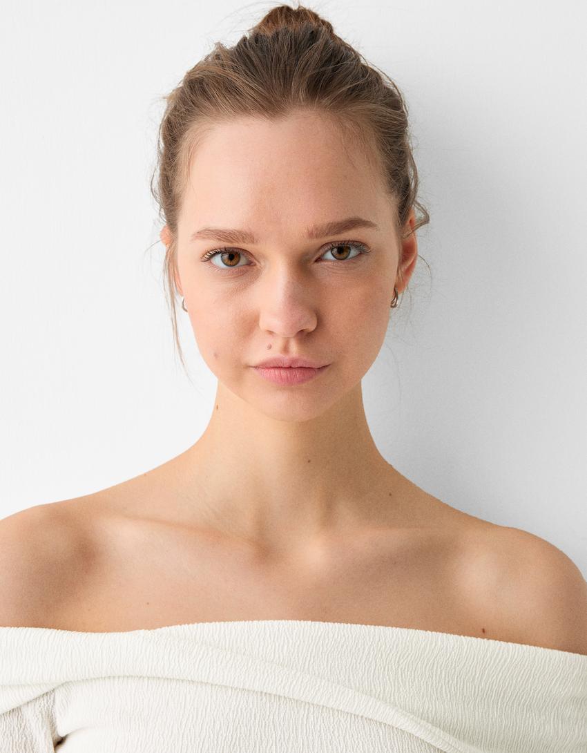 Waffle-knit long sleeve Bardot T-shirt-Off white-5