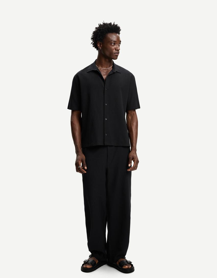Camisa manga corta plisada-Negro-3