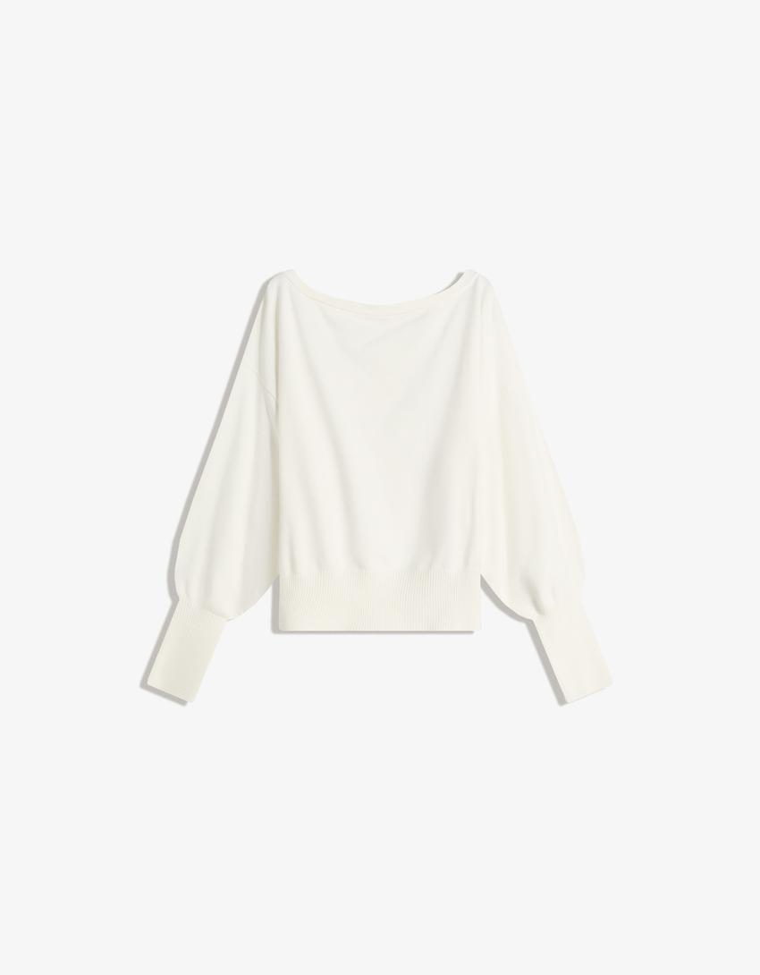 Asymmetric sweater with ribbed hem-Cream