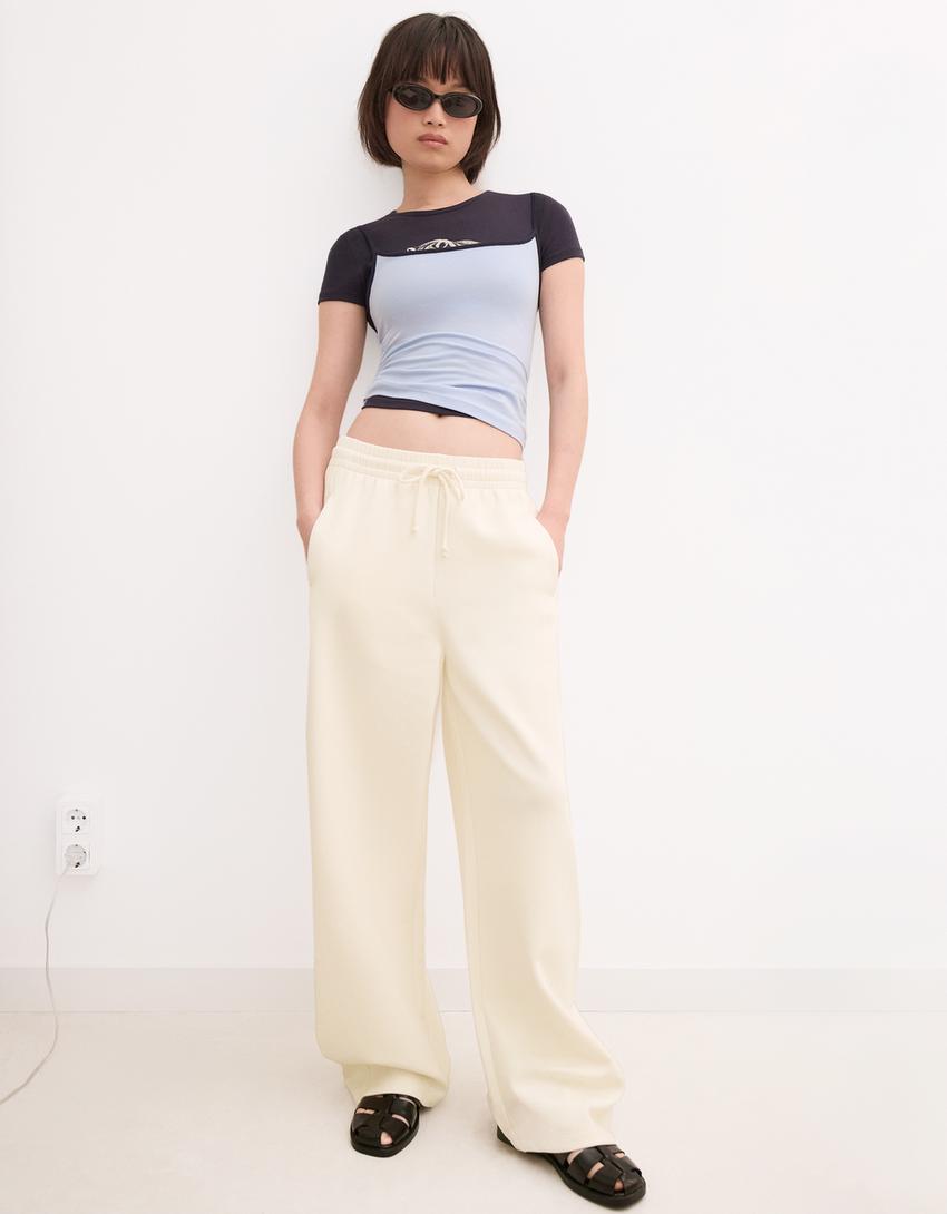 Pamuklu barrel fit pantolon-Krem-2
