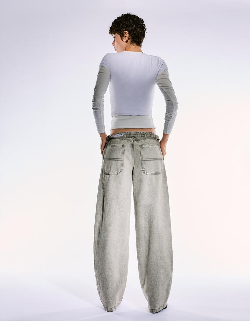 Balloon fit baggy jeans-Grey-1