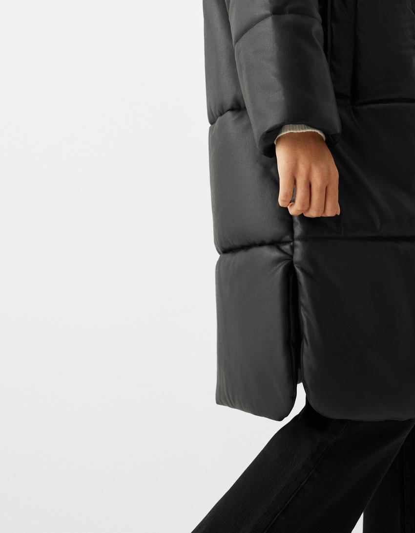 Long faux leather puffer coat-Black-5