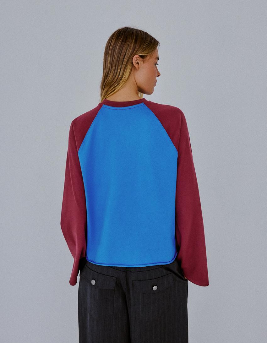 Contrast print long sleeve raglan T-shirt-Blue
