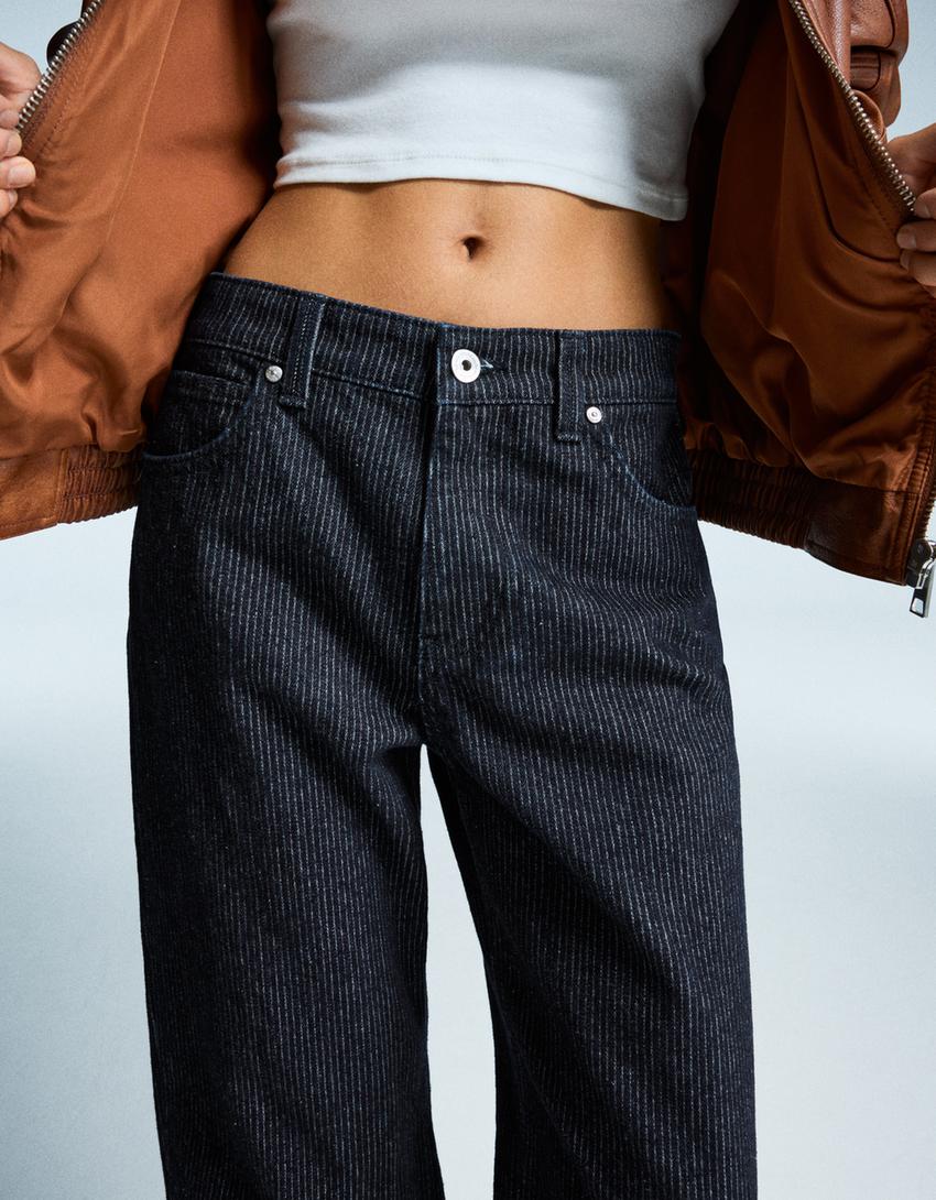 Textured straight wide-leg jeans-Navy-2