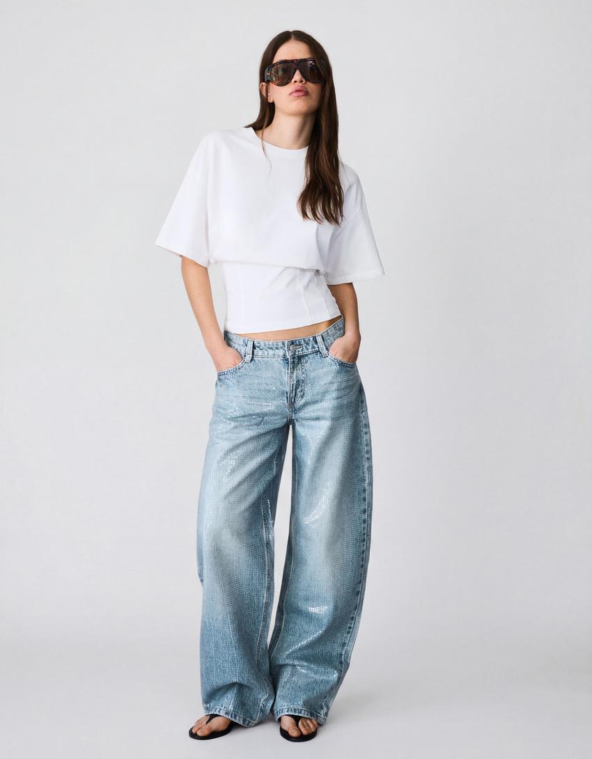 Baggy barrel sequin jeans-Light blue