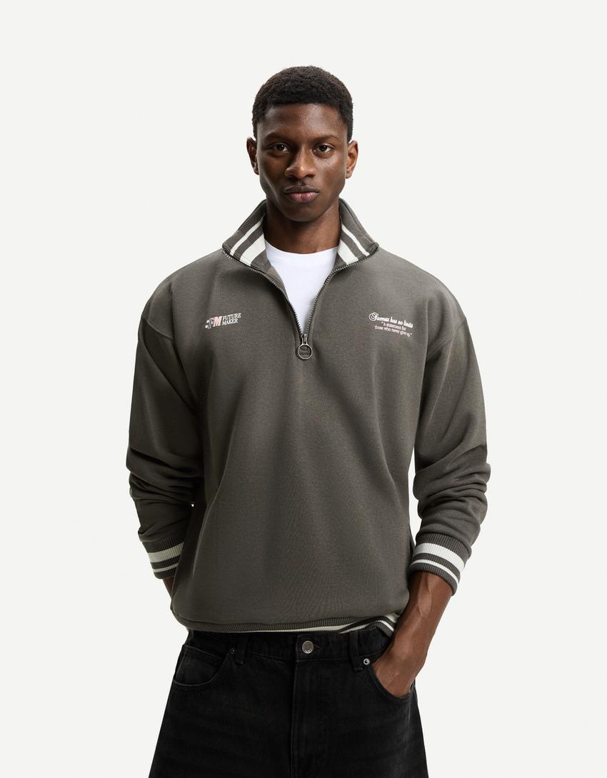 Baskılı fermuarlı sweatshirt-Gri-0