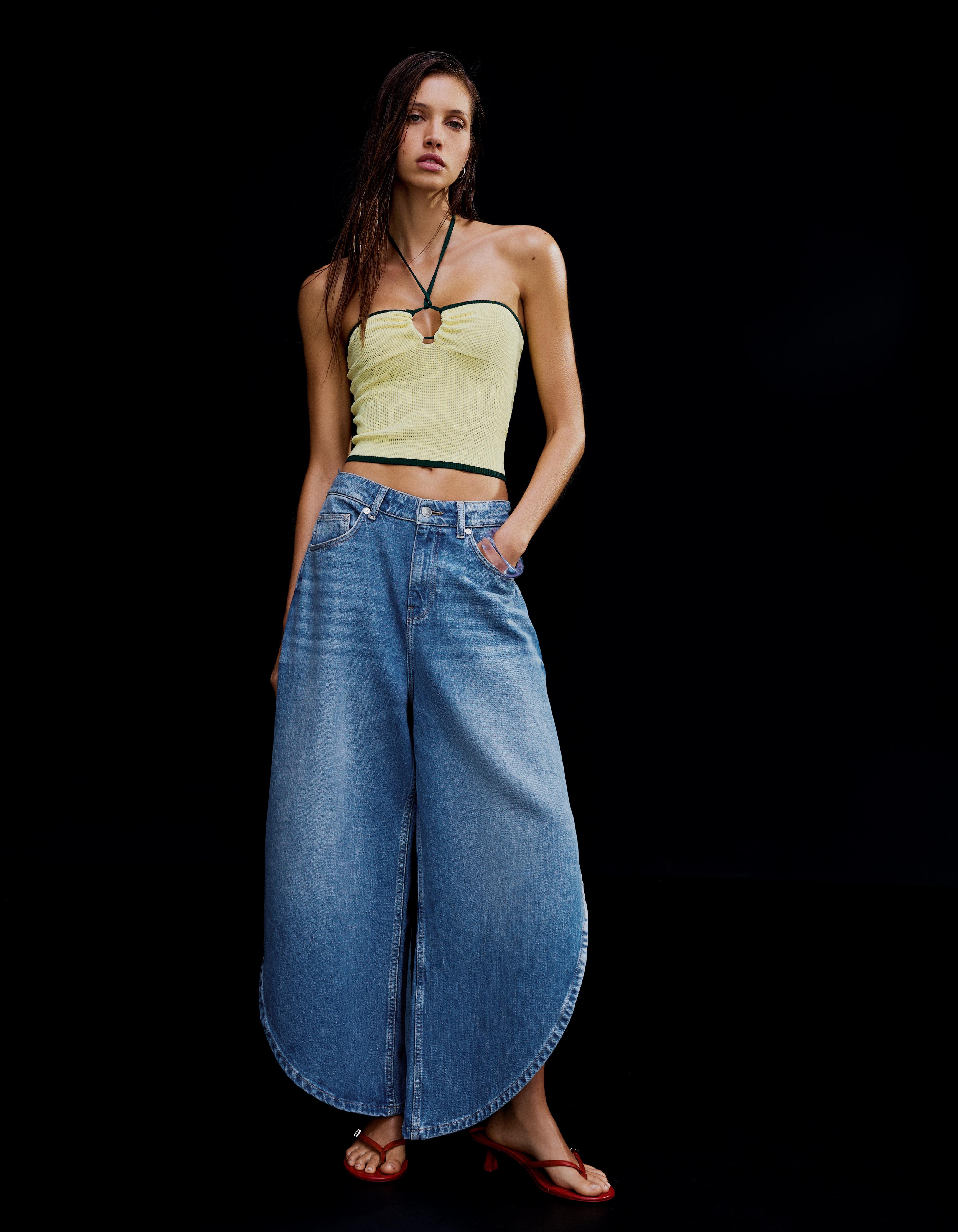 Wide-leg jeans with side split — Light blue