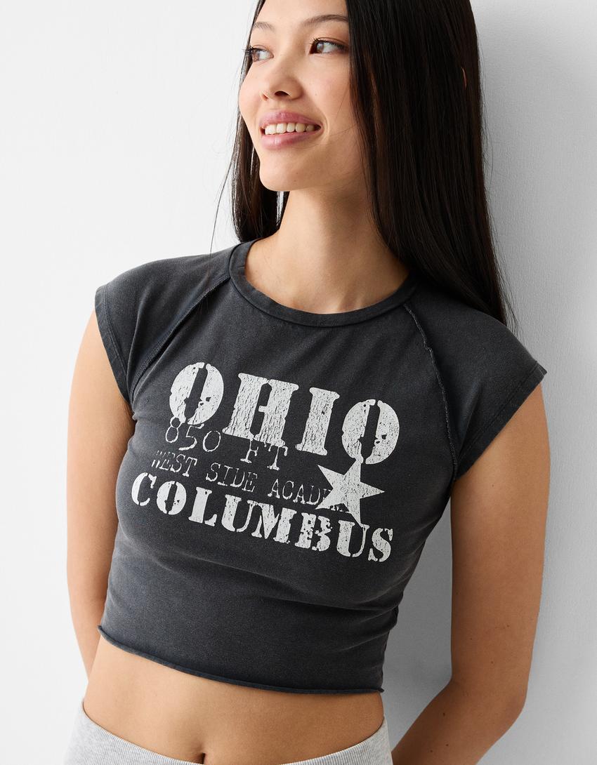 Kısa reglan kollu desenli t-shirt-Gri-2