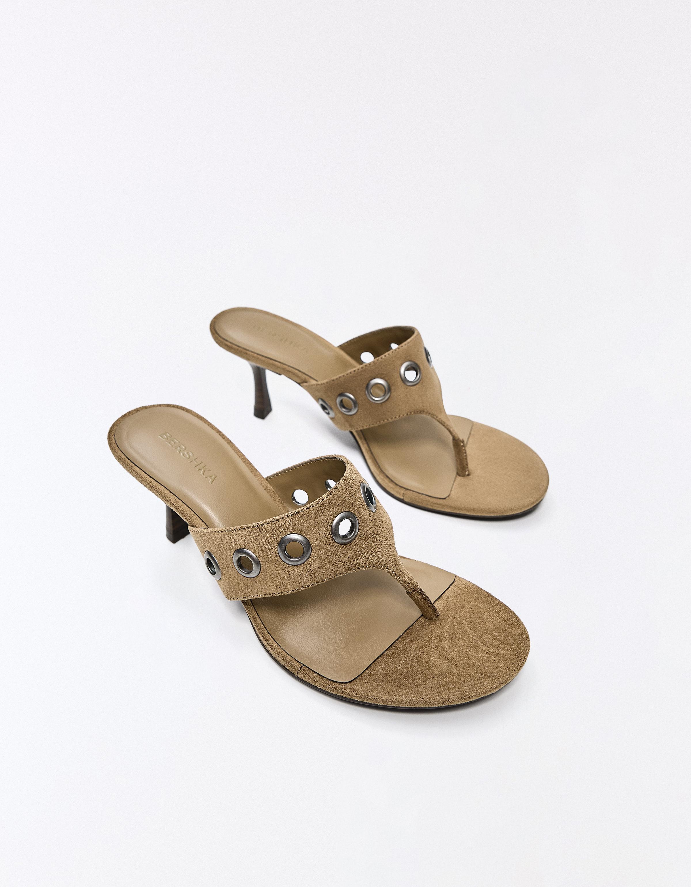 Eyelet detail kitten heel sandals — SAND