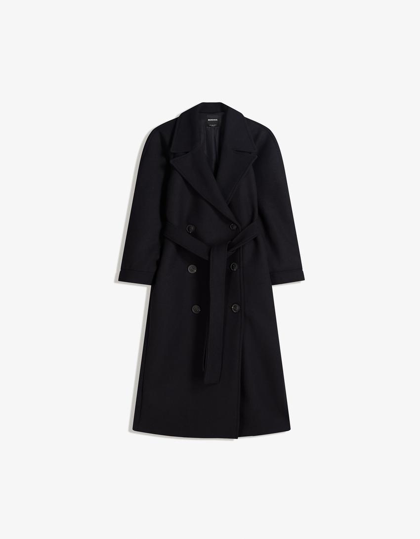 Oversize wool blend coat with belt-Navy