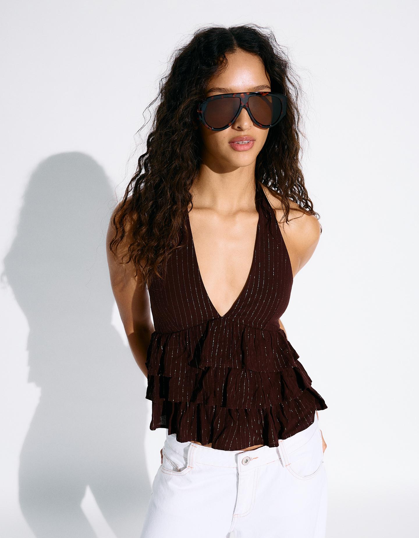 Bershka top halter z falbankami brązowy