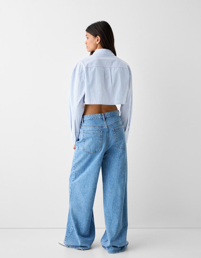 Long sleeve cropped poplin shirt with straps-Blue