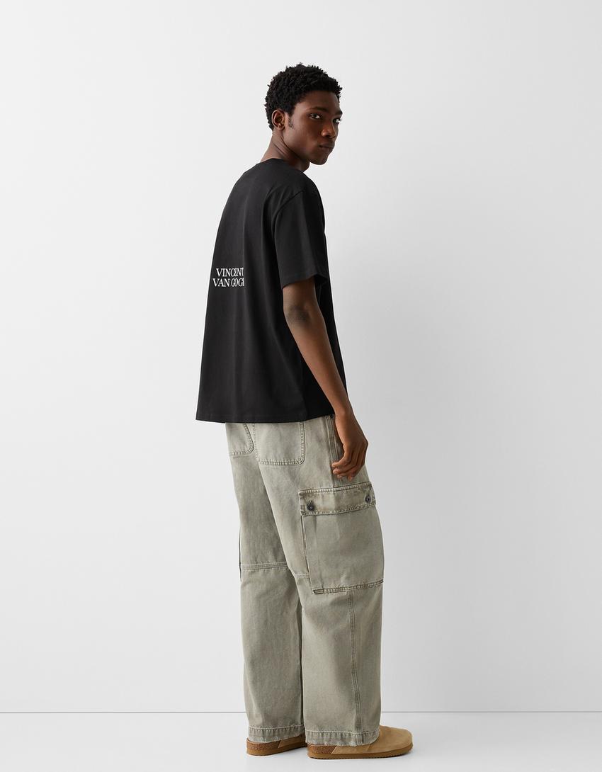 تيشرت بطبعة فينسنت فان جوخ وقصّة مربعة وأكمام قصيرة-أسود-1