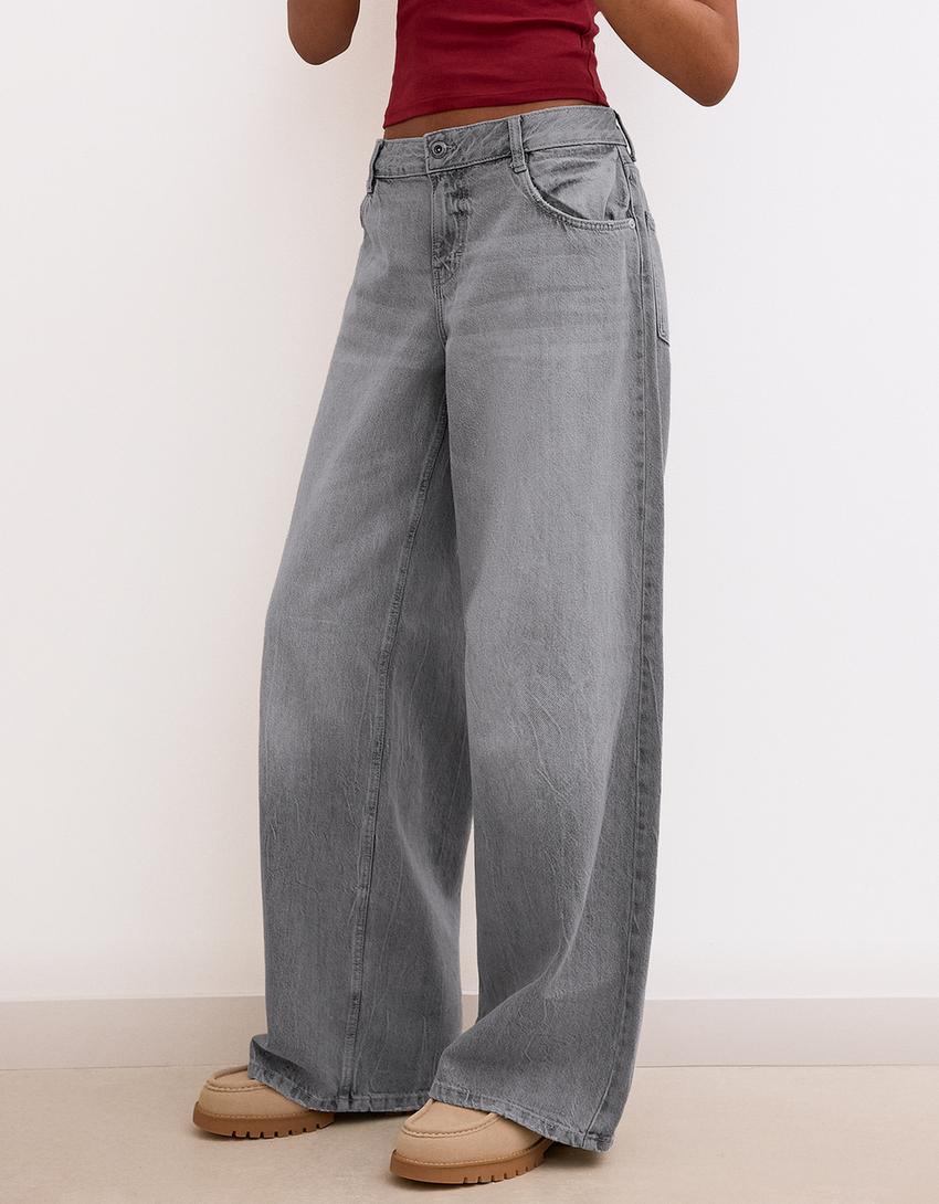 Jeans wide leg taille basse-Gris