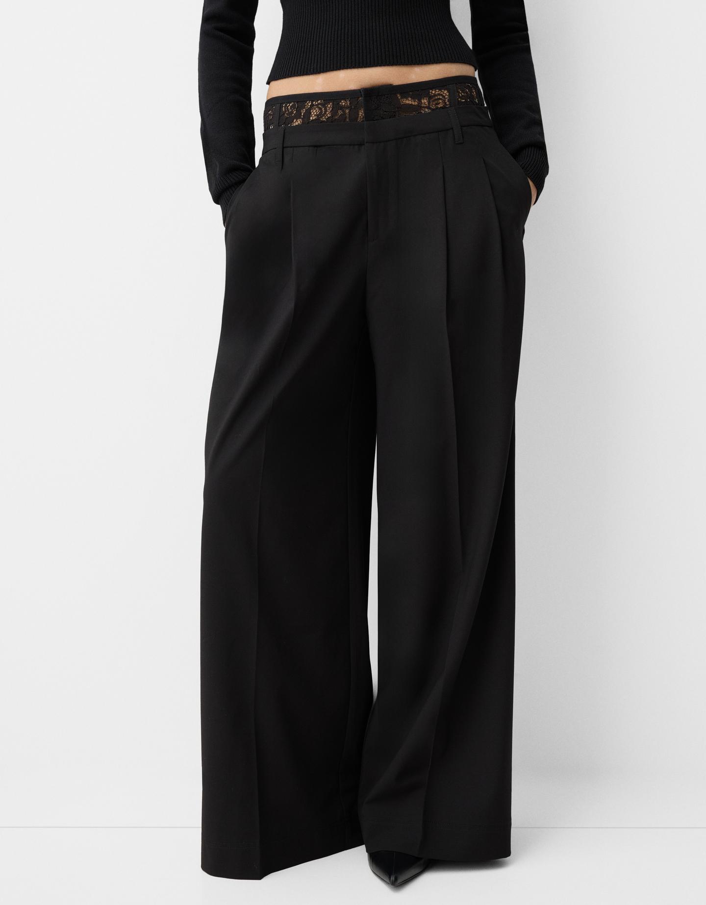 Bershka Wide-Leg-Hose Im Tailoring-Fit Mit Spitze Damen 40 Schwarz günstig online kaufen