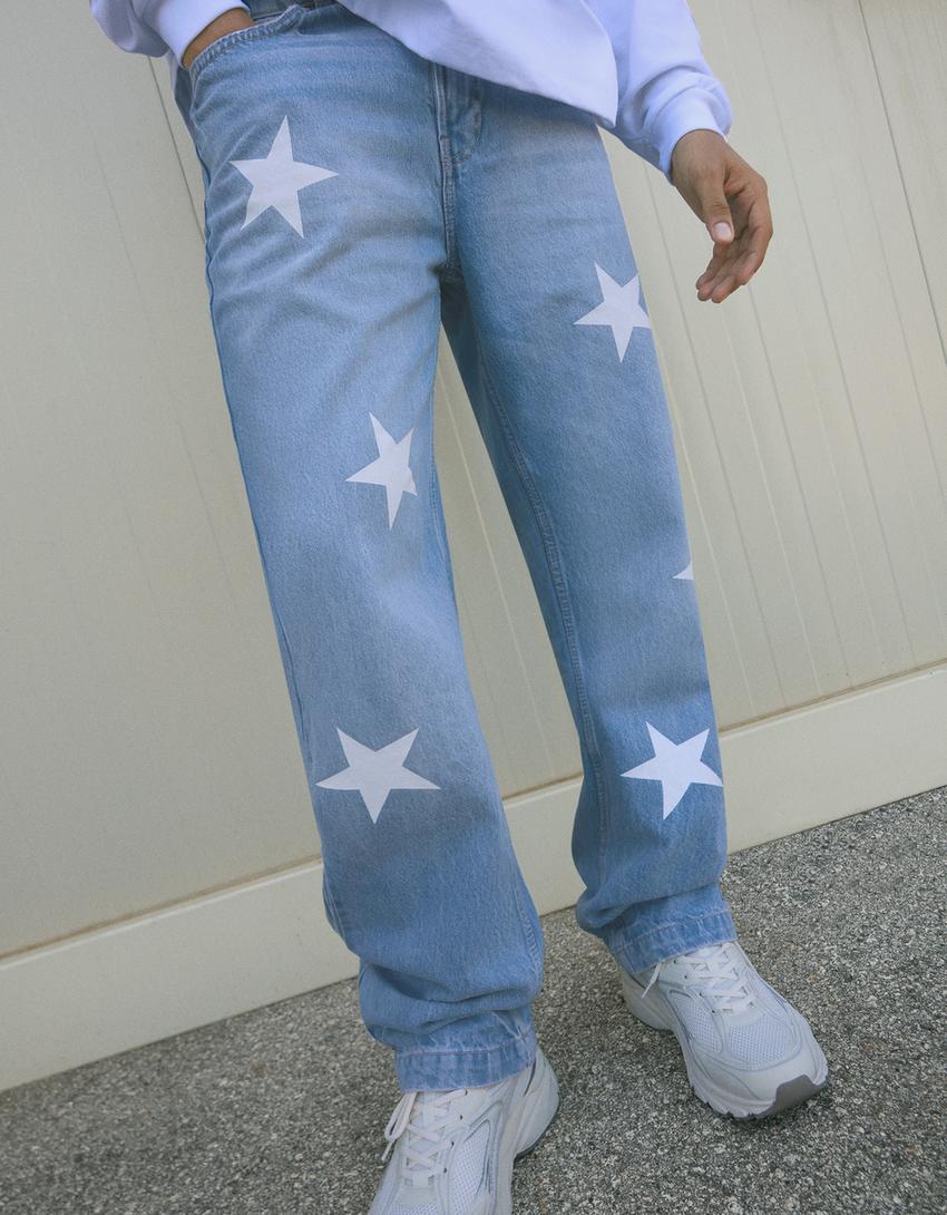 Jeans straight print-Azul lavado