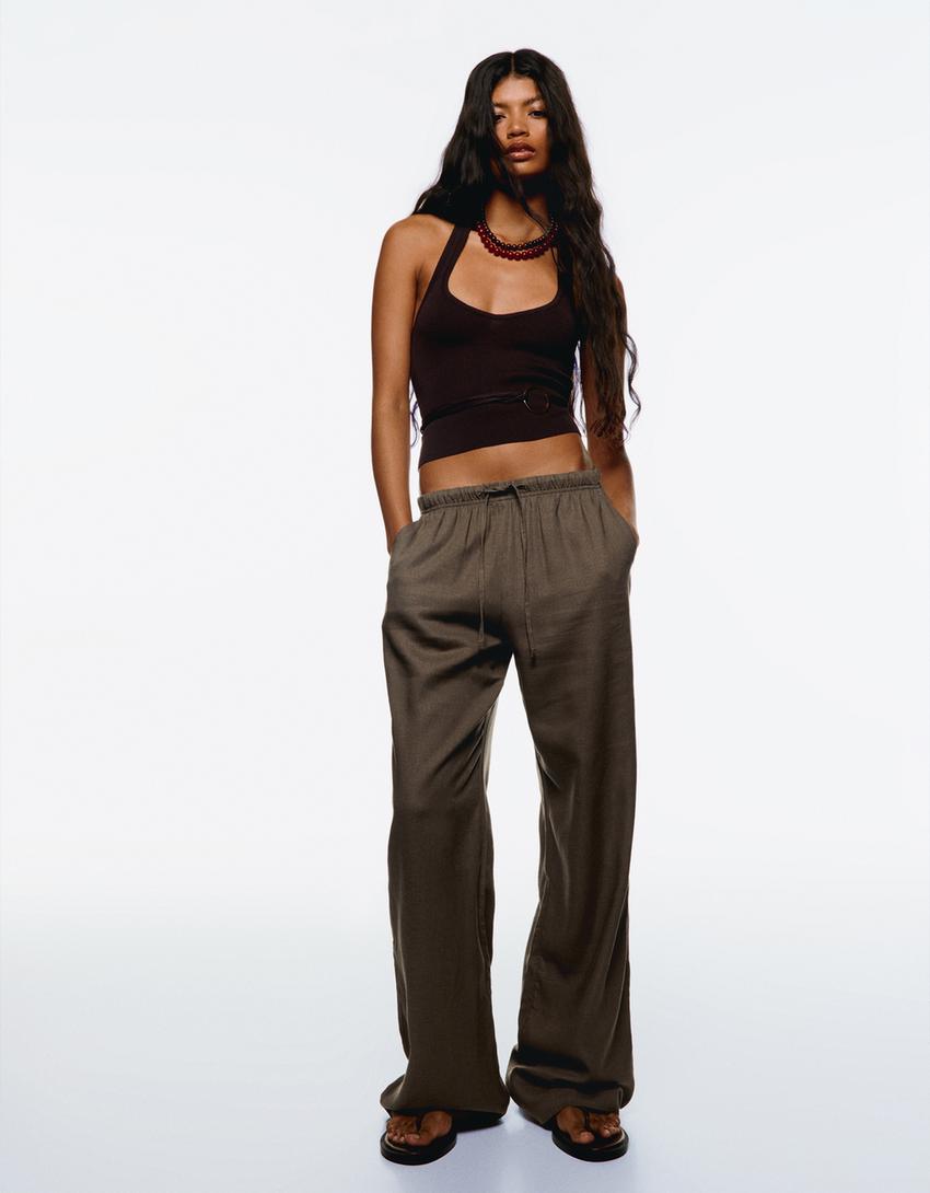 Linen blend trousers with an elasticated waistband-Sand