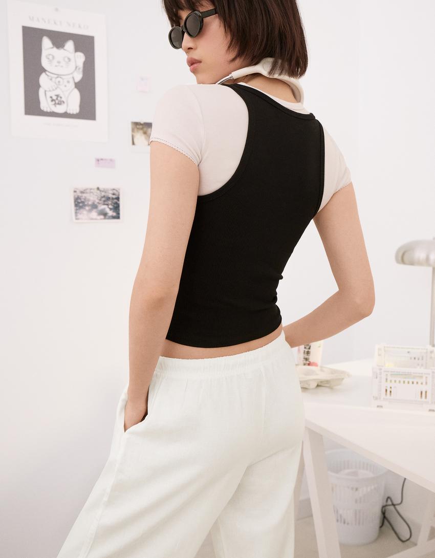 Linen blend trousers with an elasticated waistband-Off white