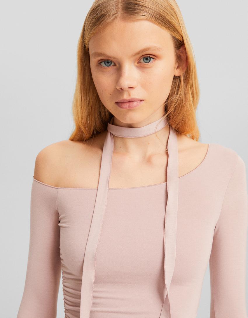 تيشرت وشاح غير متماثل بأكمام طويلة-زهري-2