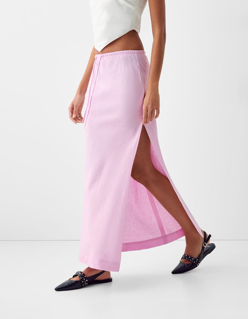 تنورة كتان متوسطة الطول-زهري-3