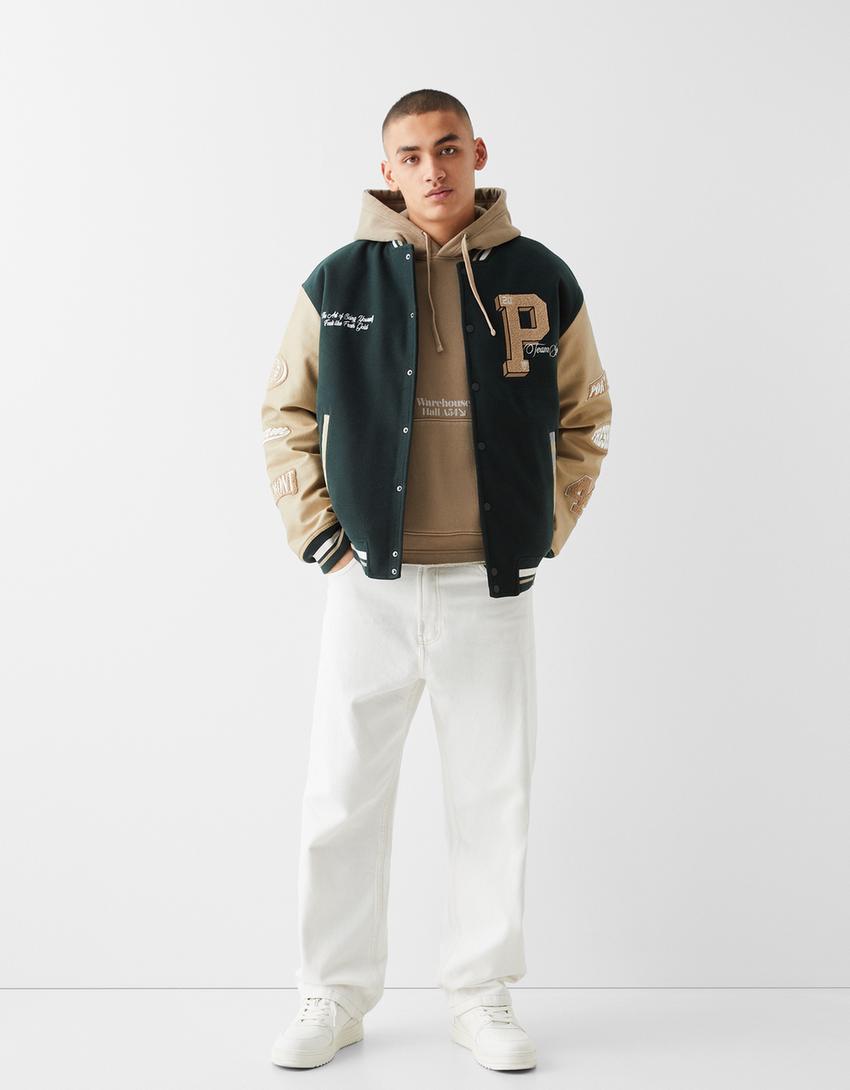 Felt texture varsity jacket with leather effect sleeves-Green