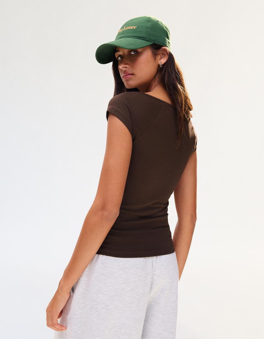 Short sleeve ruched T-shirt-Brown