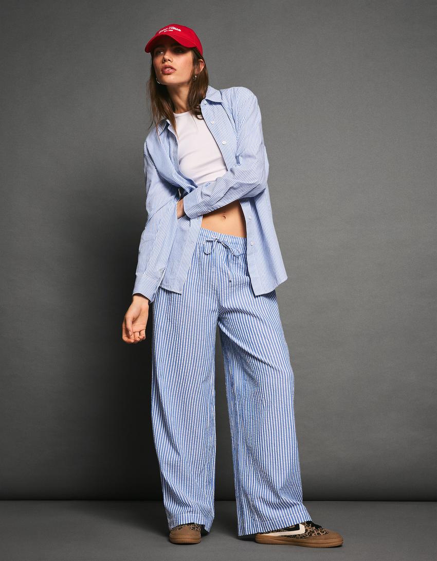 Straight-leg striped trousers with elasticated waist-Blue-2