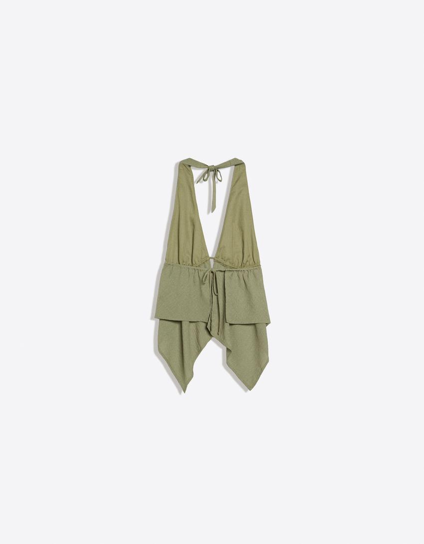 Tied halter top-Khaki