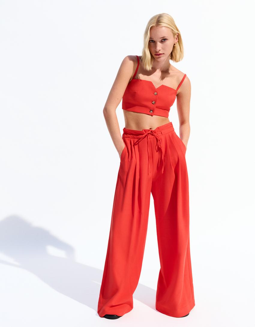 Pantaloni wide leg morbidi con pieghe-Rosso-0