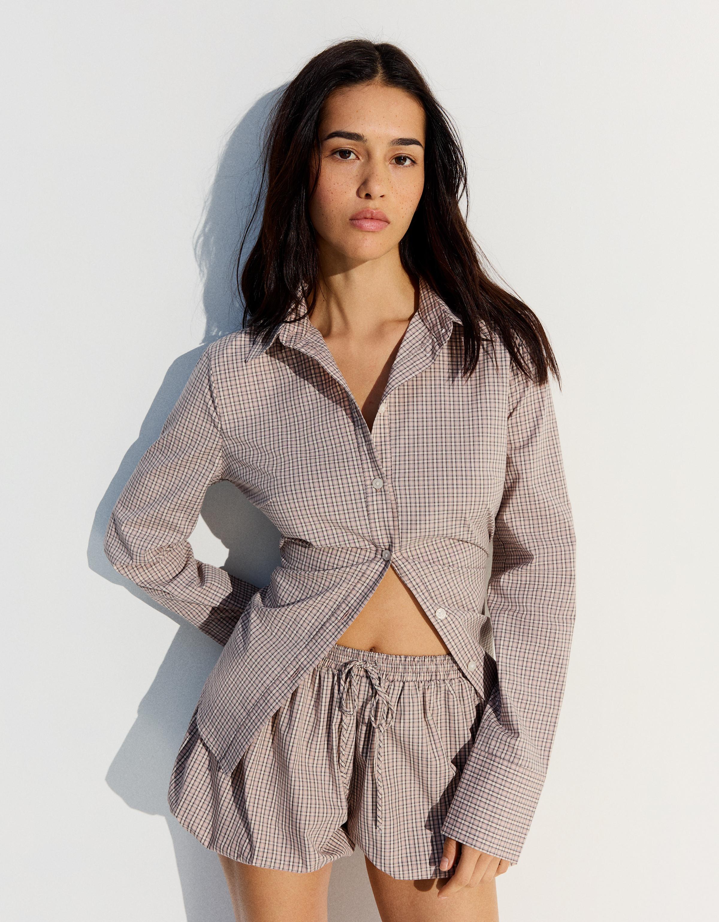 Bershka Camisa Manga Larga Entallada Mujer Rosa