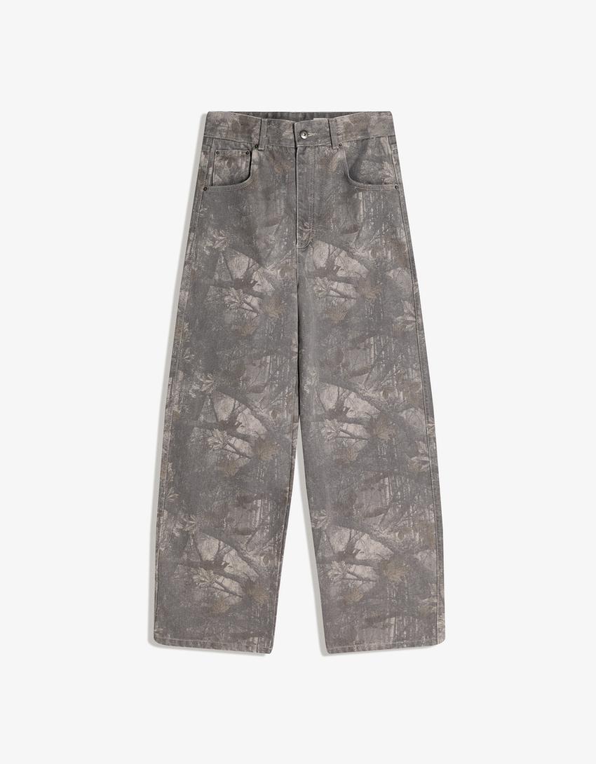 Baskılı super baggy fit pantolon-Koyu gri