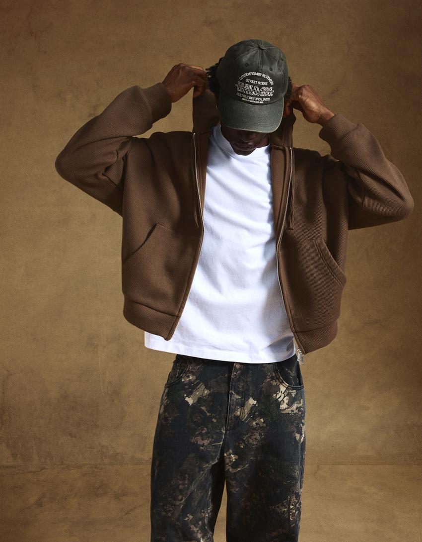 Sudadera cremallera waffle-Marrón
