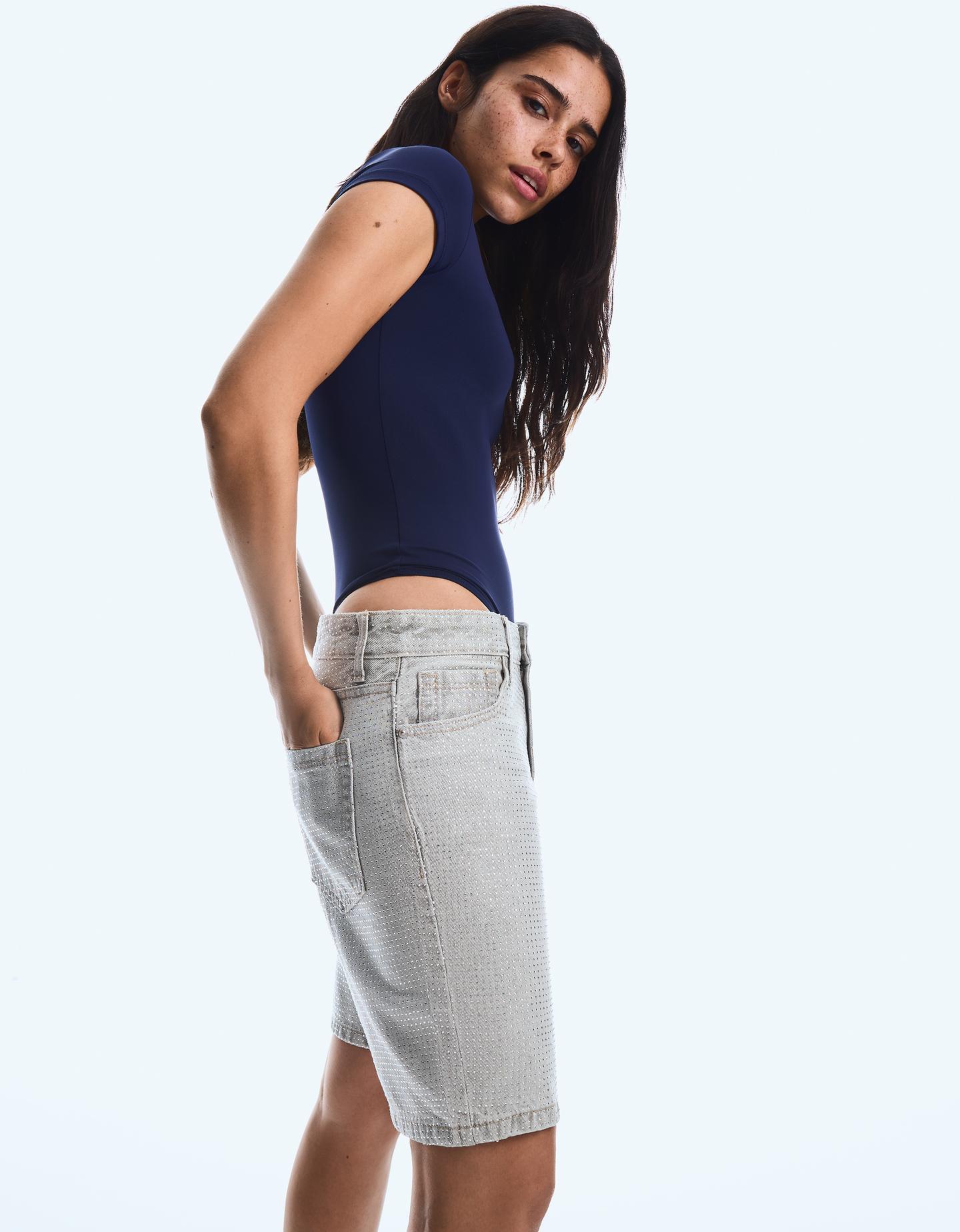 Bershka body z krótkim rękawem granatowy