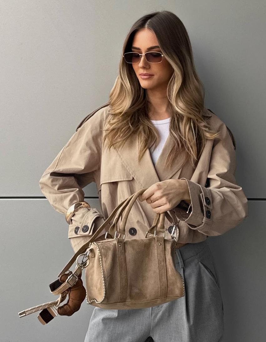 Kurzer Trenchcoat mit Puffärmeln-Camel