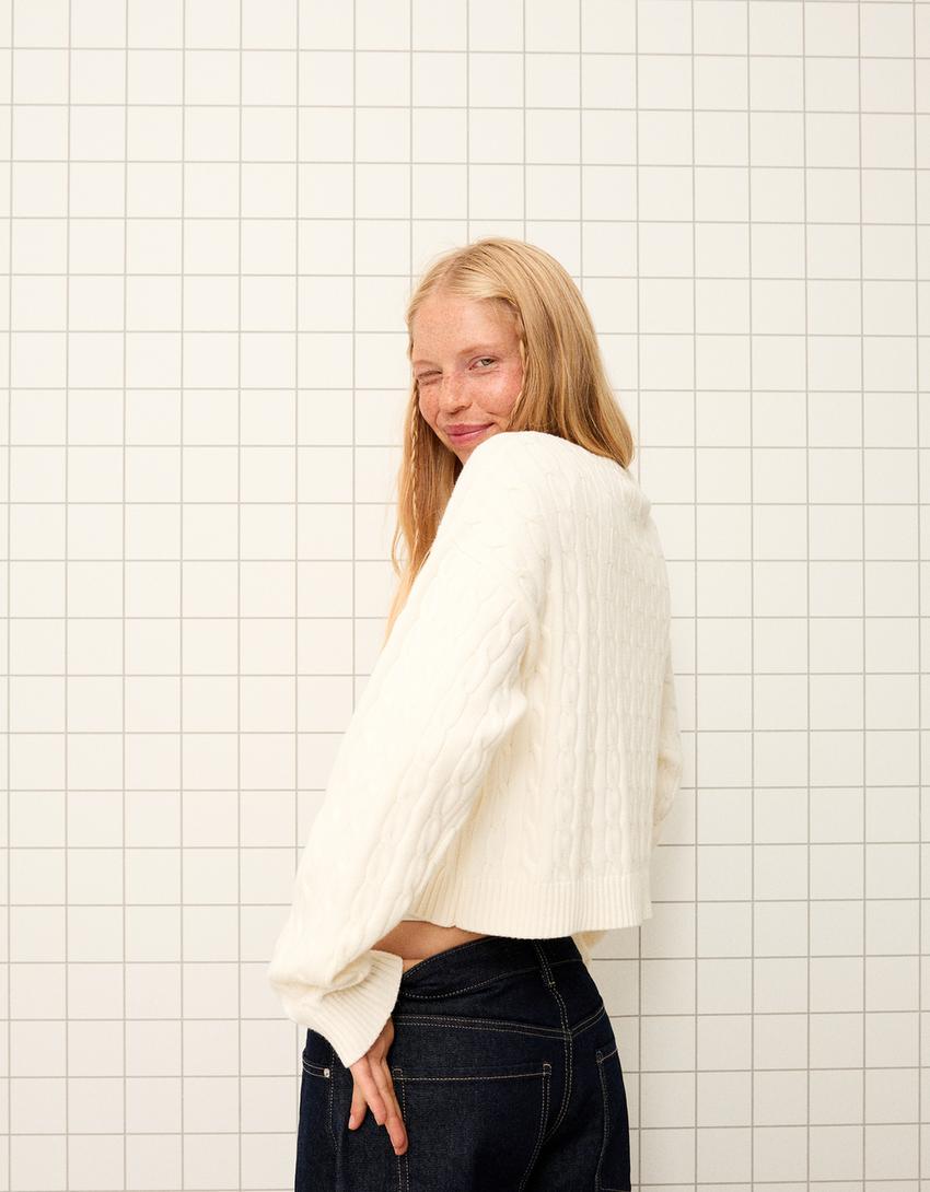 Embroidered cable-knit sweater-Cream-1