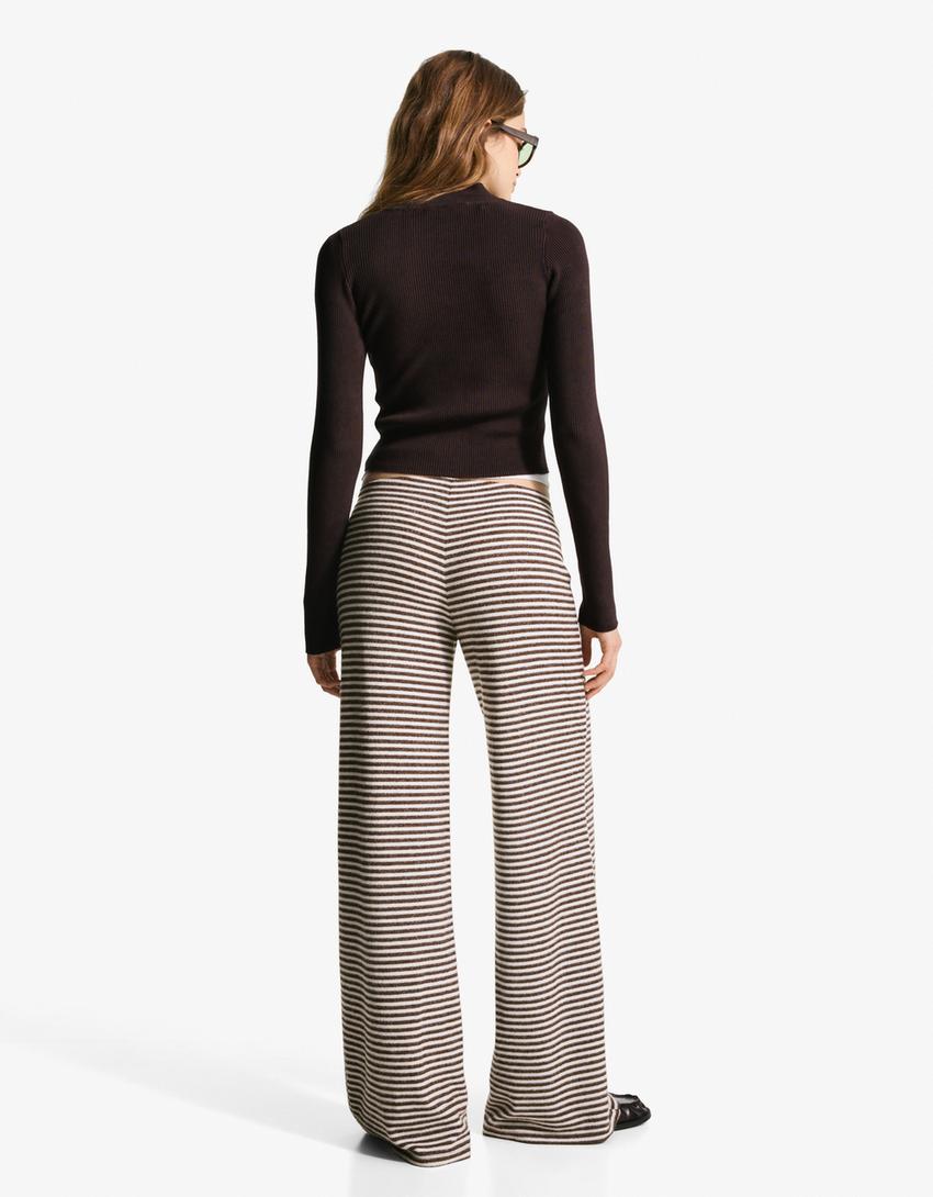 Pantalon wide leg en maille à rayures-Marron