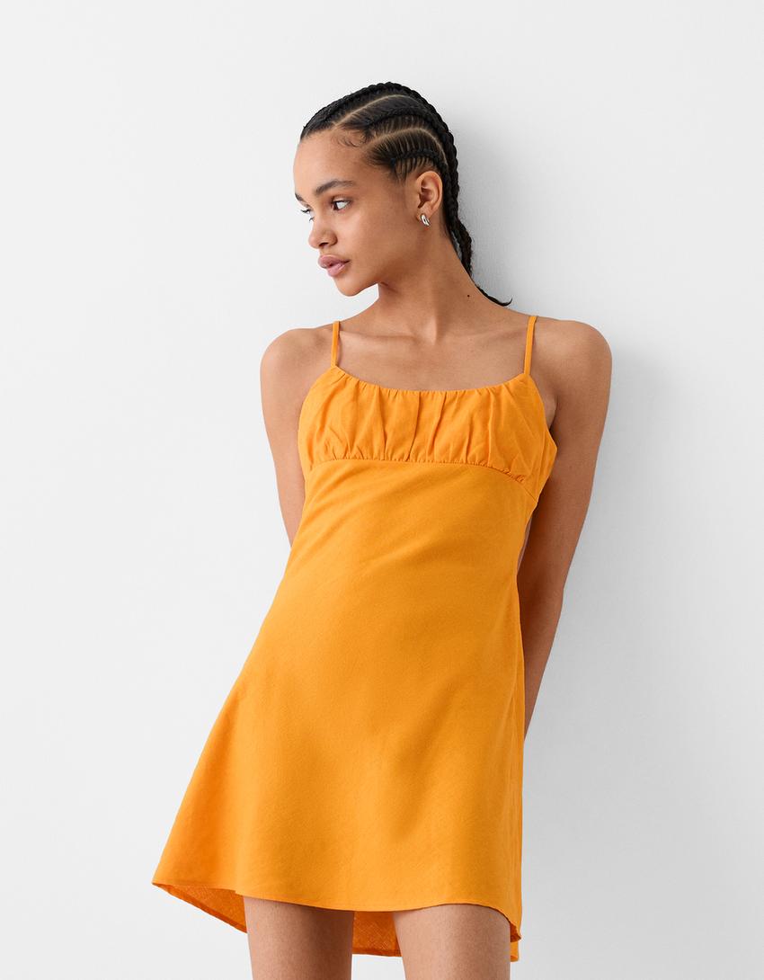 Vestido mini de linho-Laranja-1