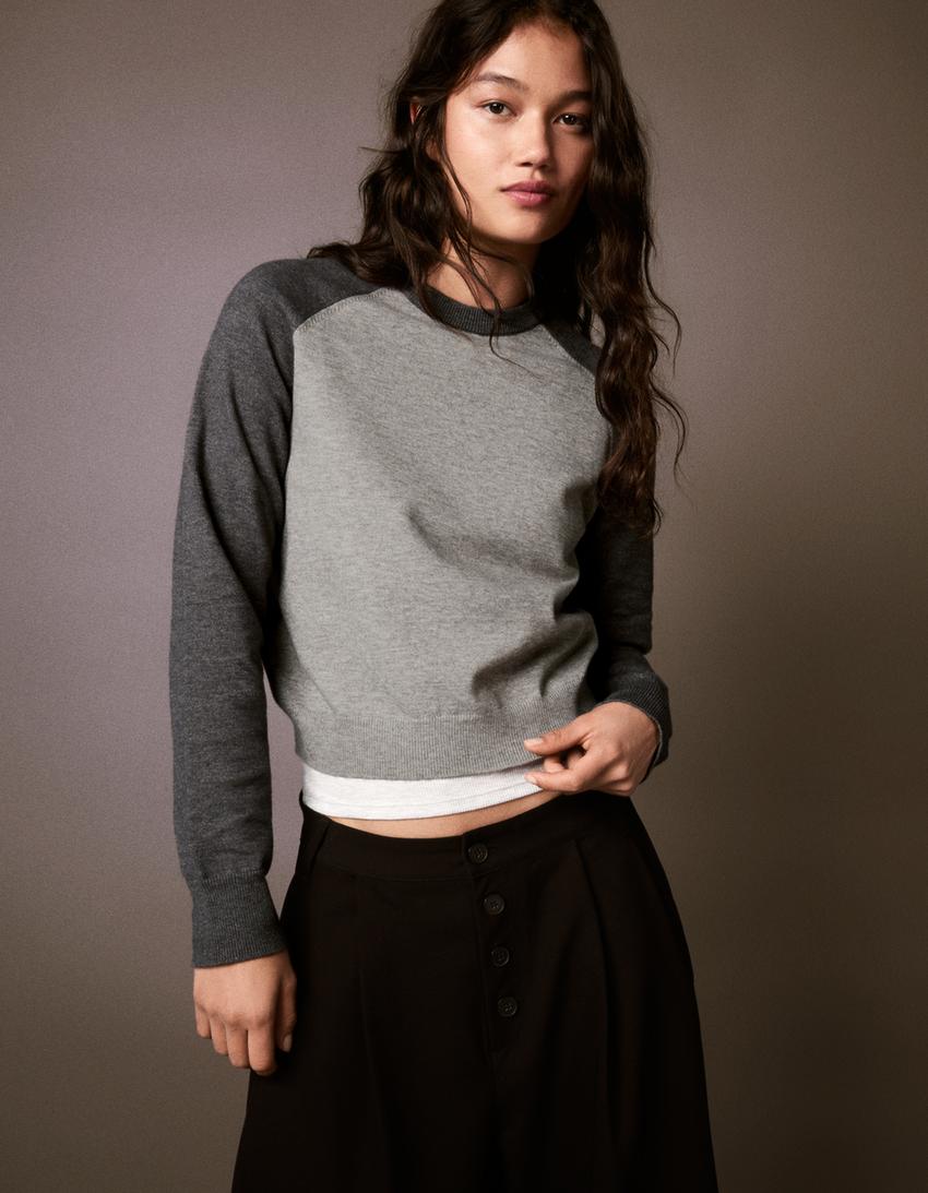 Suéter de gola redonda raglan-Cinza