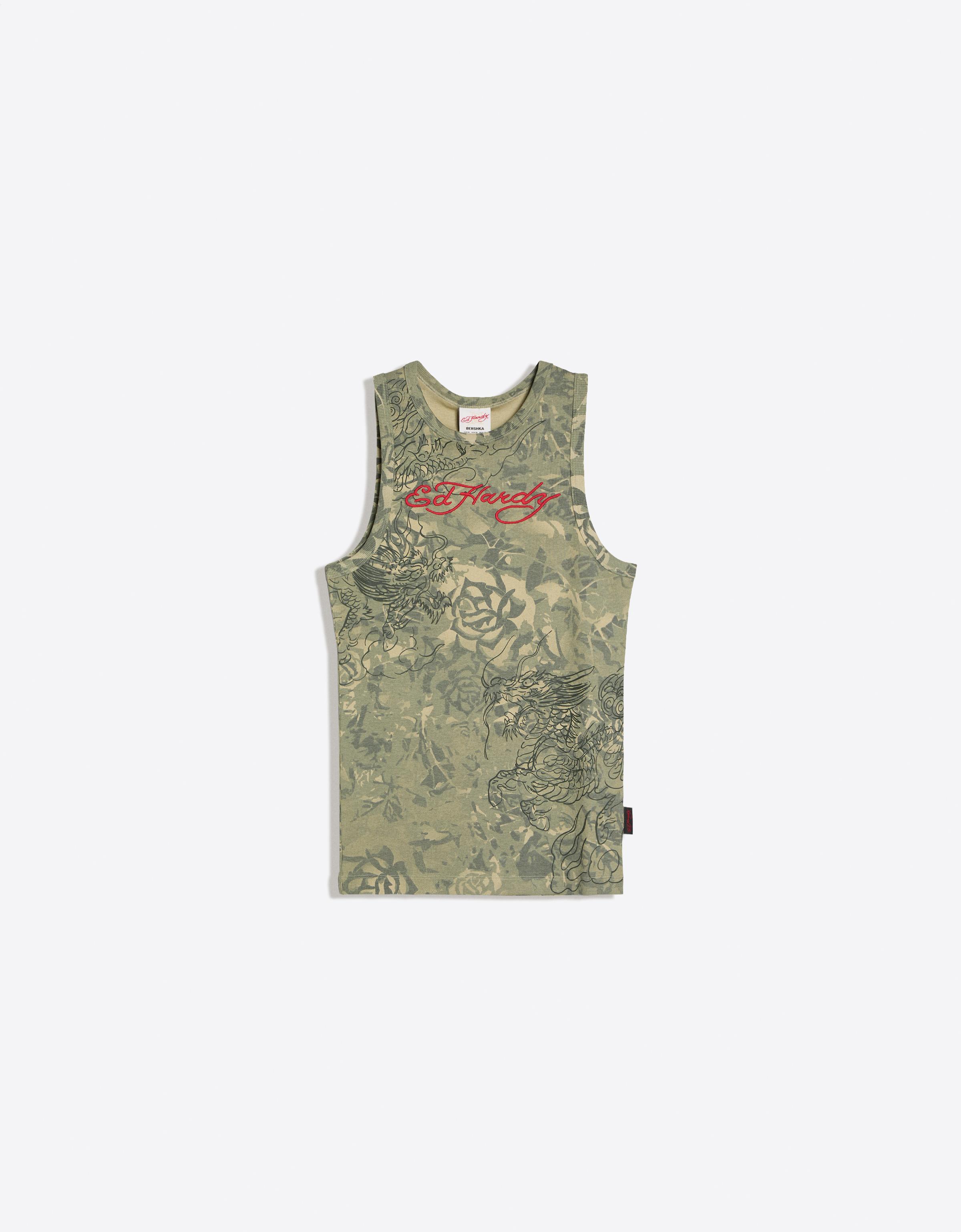 ED HARDY X BERSHKA print vest top — Khaki