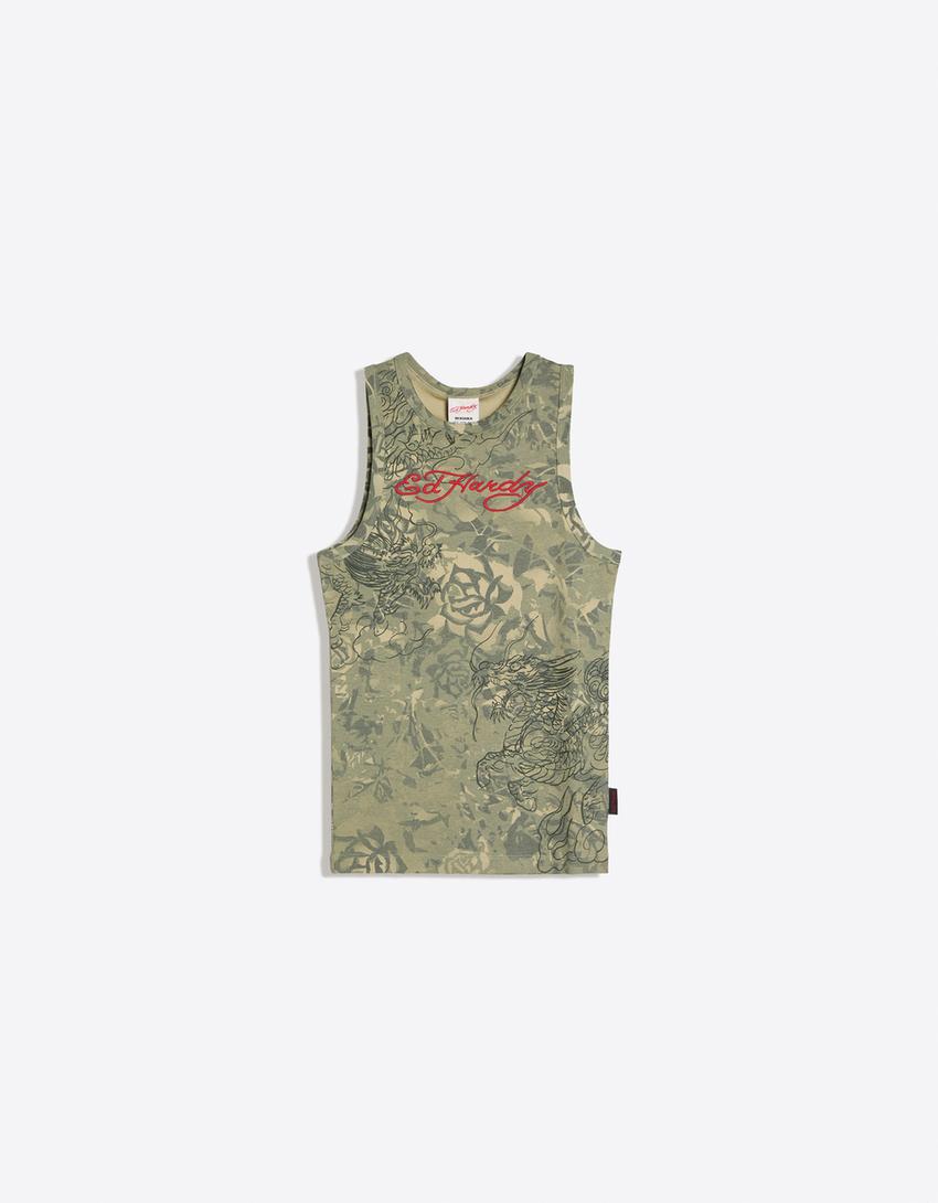 ED HARDY X BERSHKA print tank top-Khaki