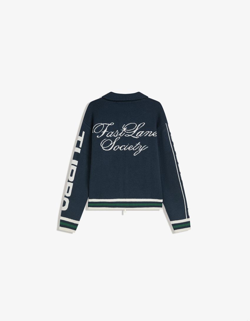 Embroidered zip-up jacket-Blue-5