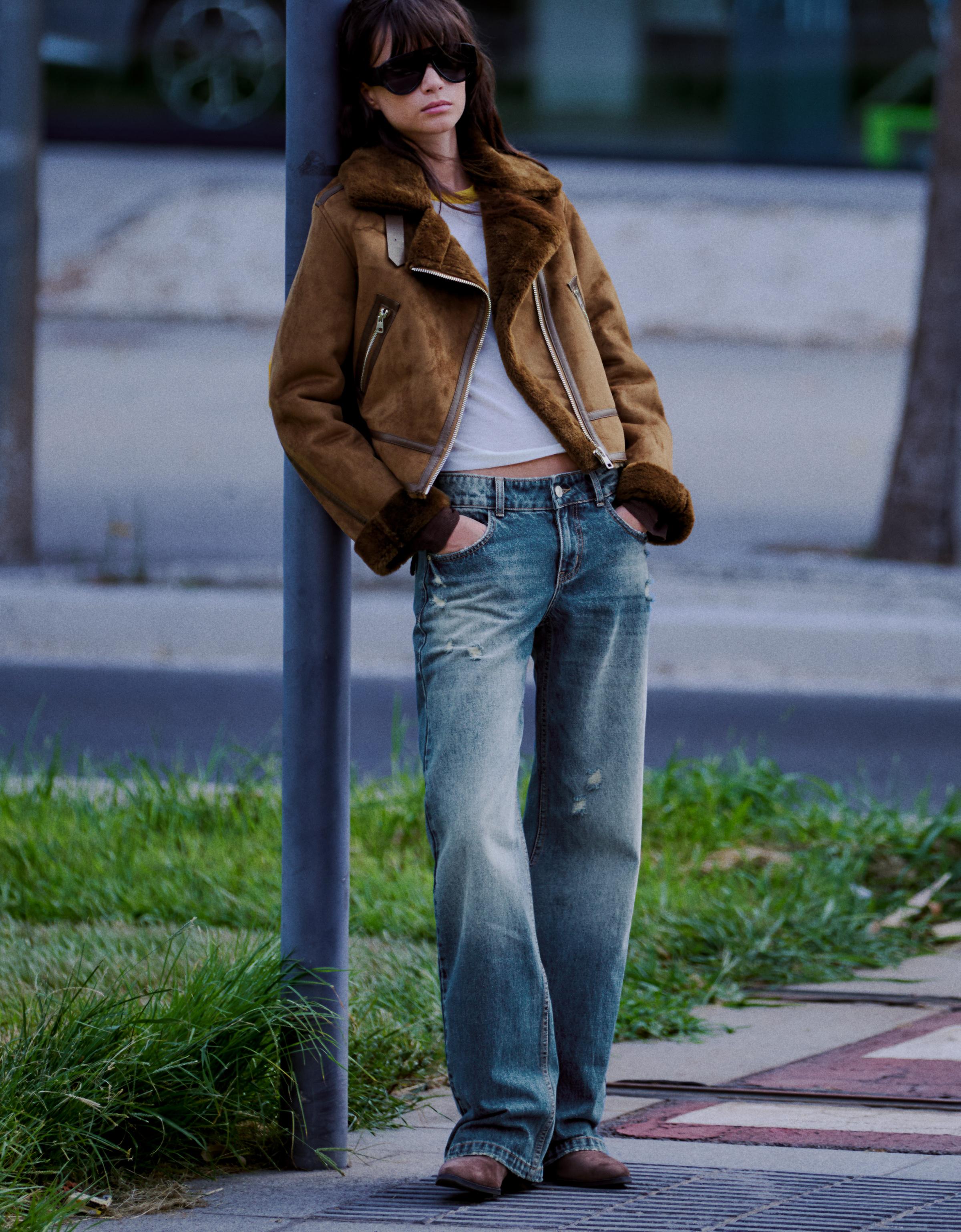 Cropped double-faced biker jacket — Brown