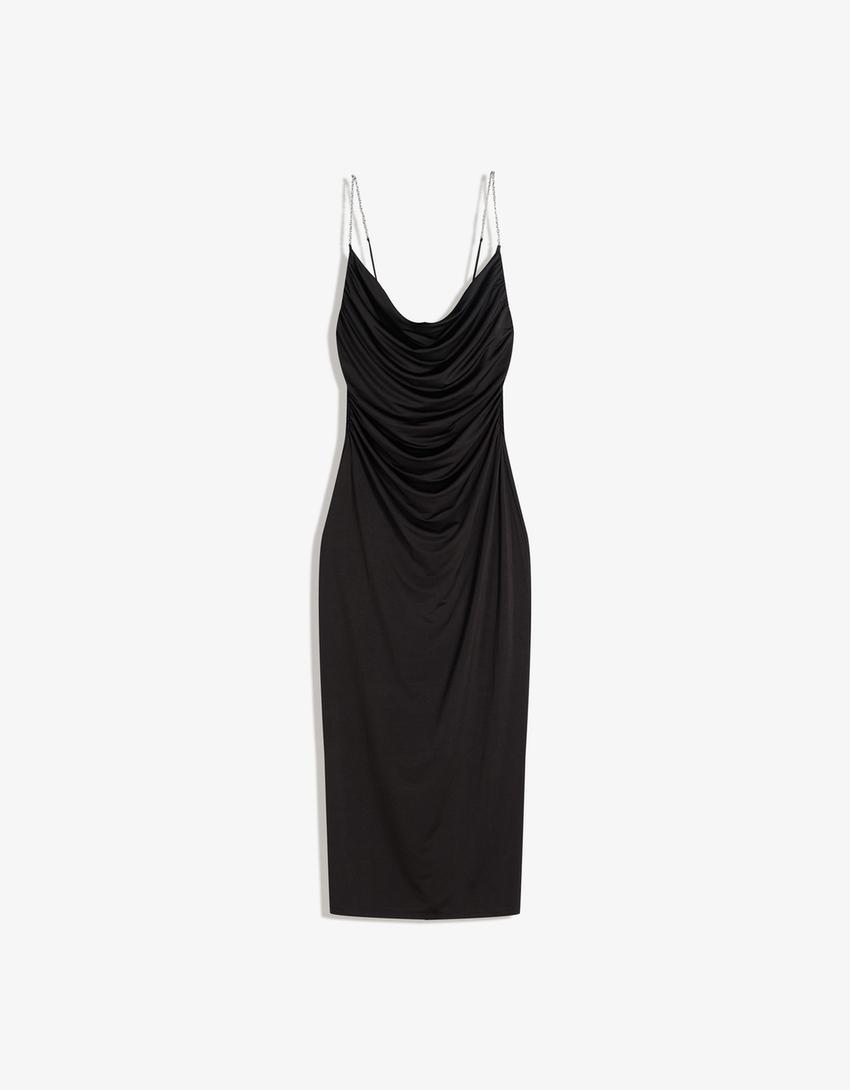 Chain strap draped midi dress-Black
