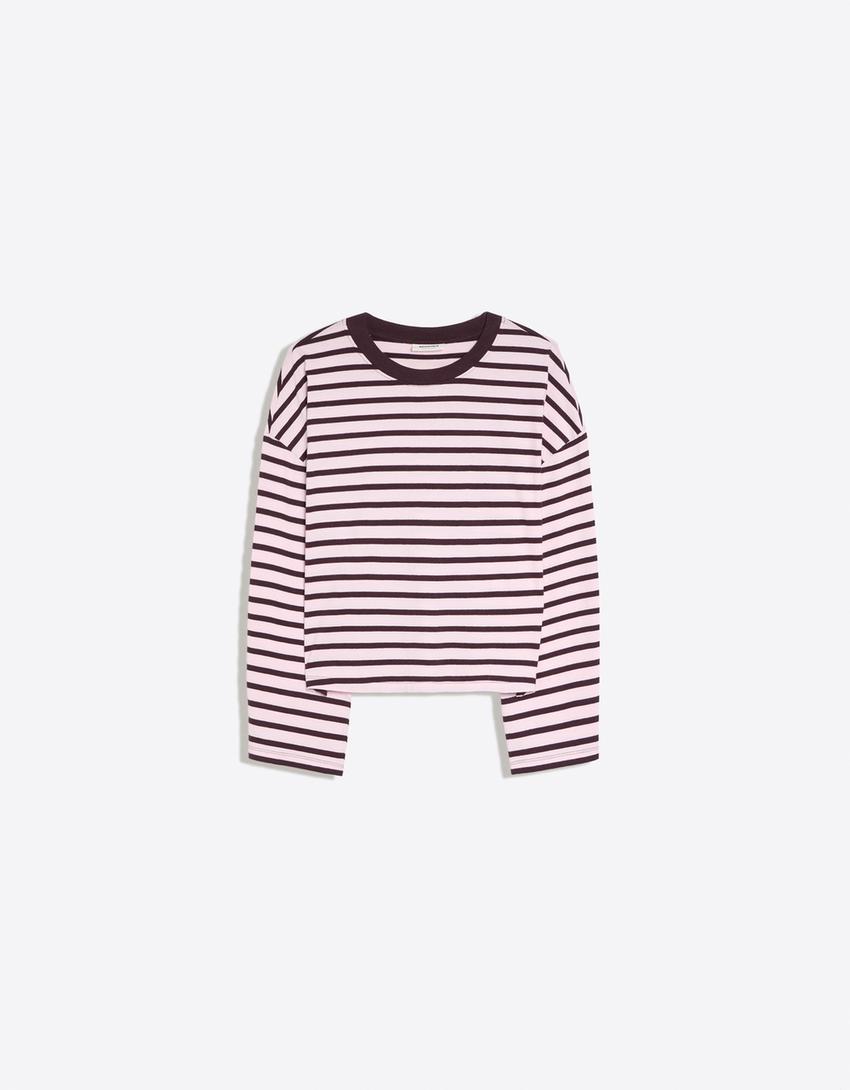 Camiseta manga larga boxy rayas-Rosa
