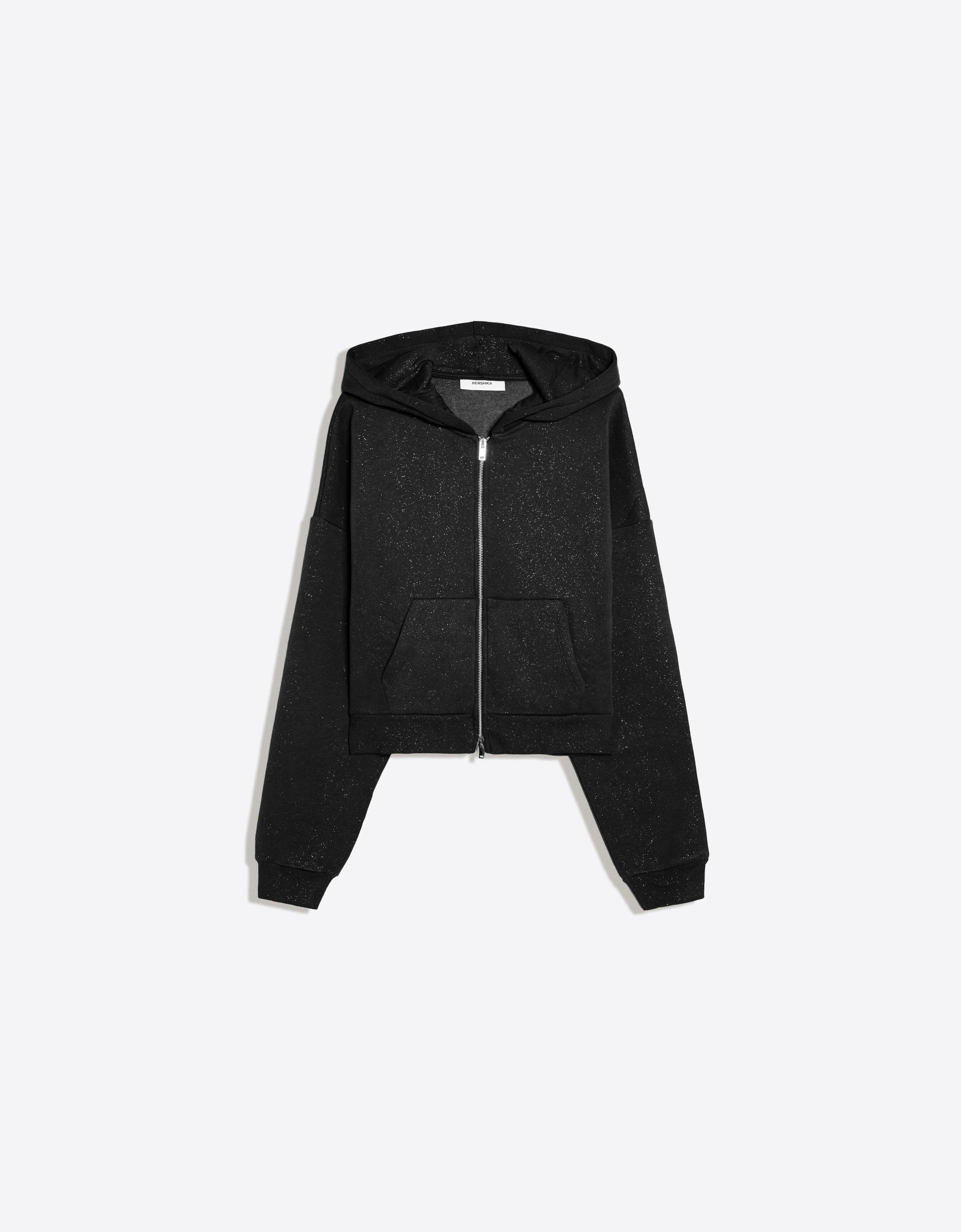 Bershka Sudadera Capucha Brillos Mujer Negro