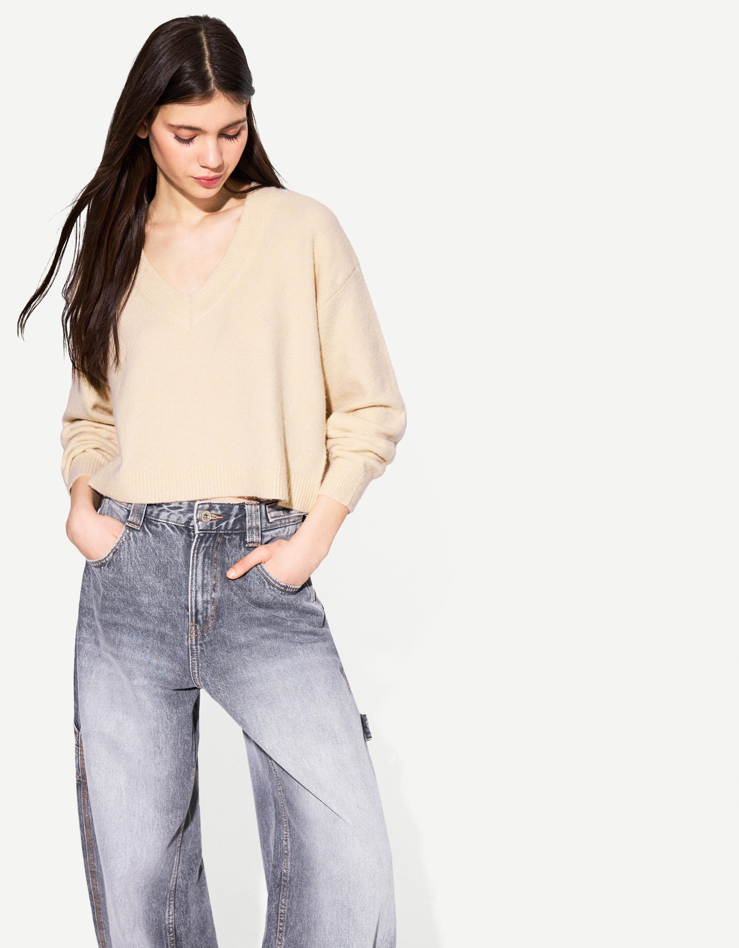 Bershka Pullover Mit V-Ausschnitt Cropped Damen L Sandfarbe