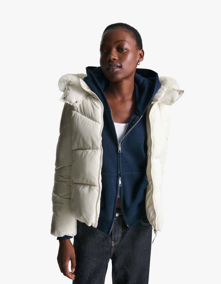 Puffer jacket with faux fur hood-Sand-1