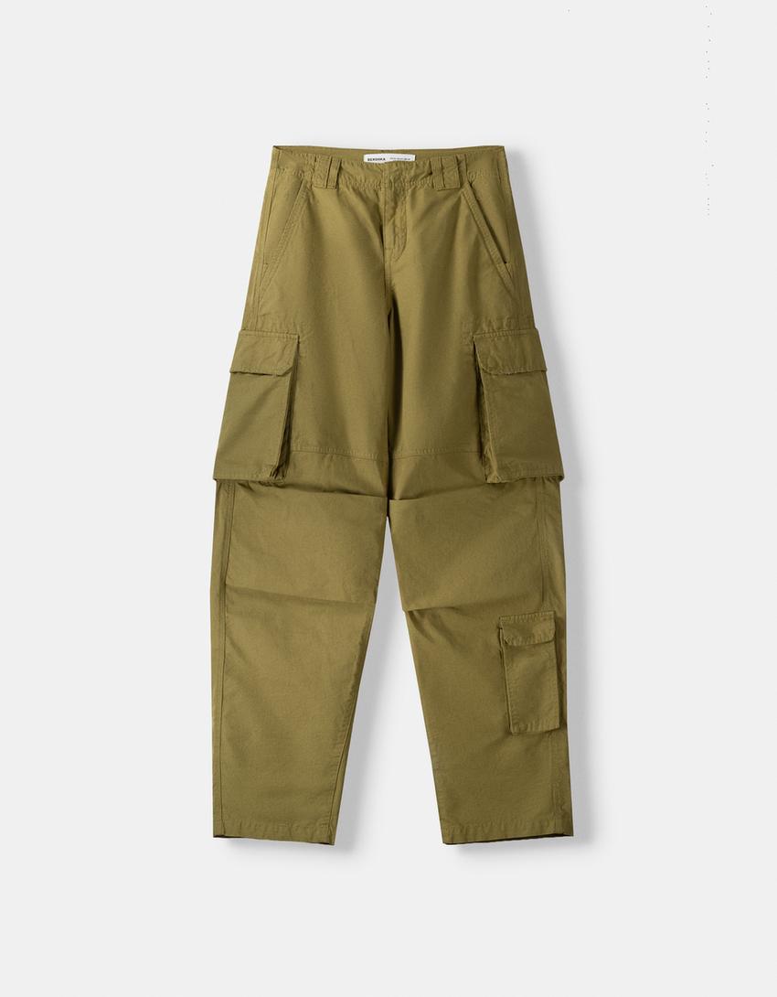 Voluminous multipocket cargo trousers-Green