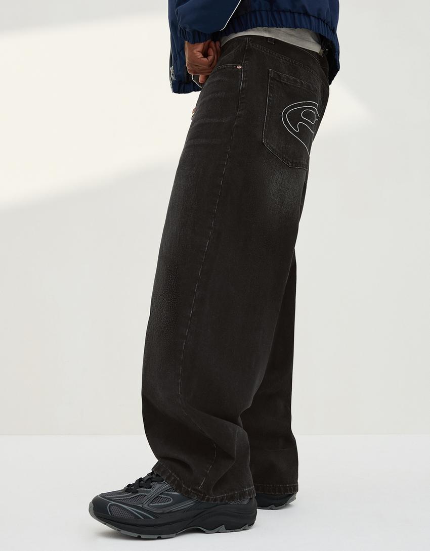 Jeans barrel fit brodé-Noir